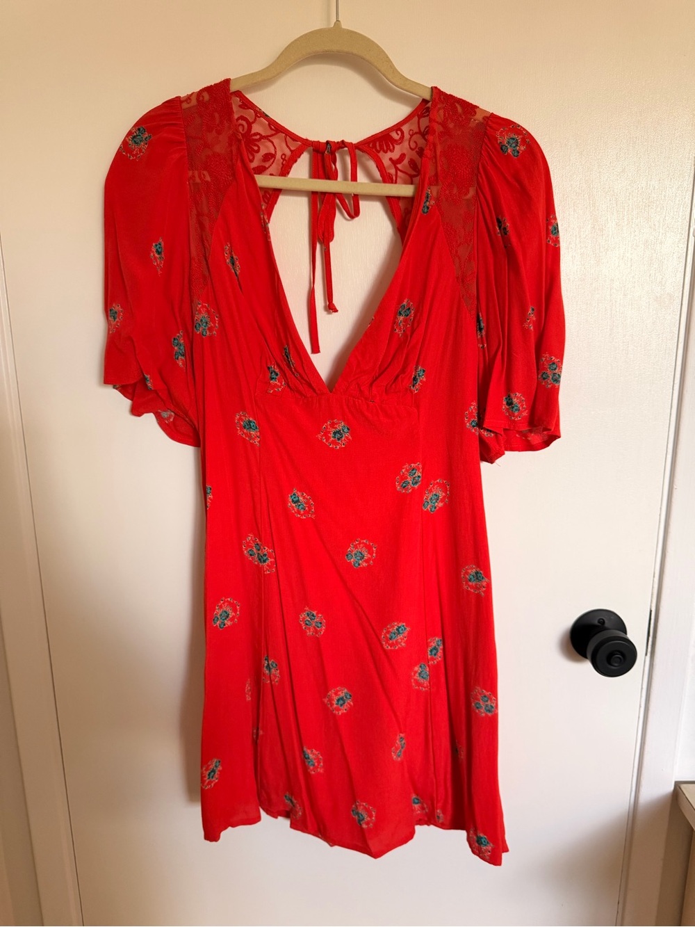 Free People Red Floral V-Neck Tie-Back Mini Dress
